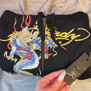Ed Hardy Black Zip-Up Hoodie with Multicolor Dragon Print